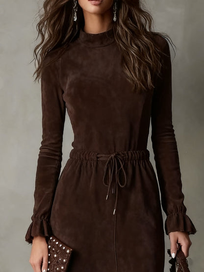 Grounded Sage Dark Brown Irregular Midi Dress - Suede Drawstring