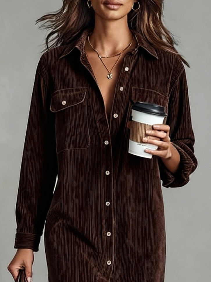 Grounded Sage Dark Brown Loose Corduroy Midi Dress