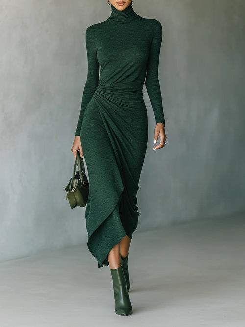 Grounded Sage Dark Green Turtleneck Pleated Midi Dress