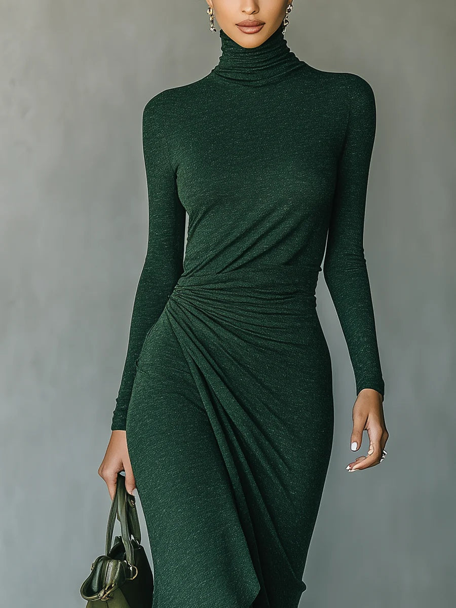 Grounded Sage Dark Green Turtleneck Pleated Midi Dress