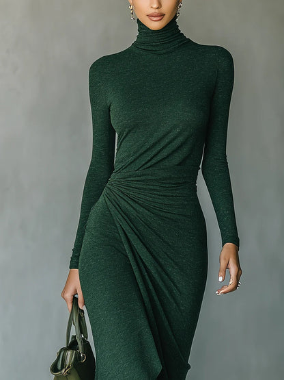 Grounded Sage Dark Green Turtleneck Pleated Midi Dress