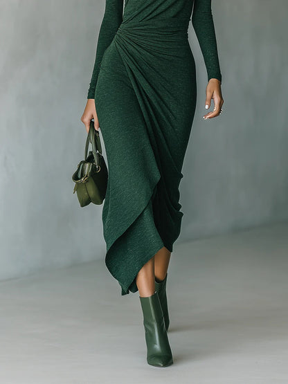Grounded Sage Dark Green Turtleneck Pleated Midi Dress