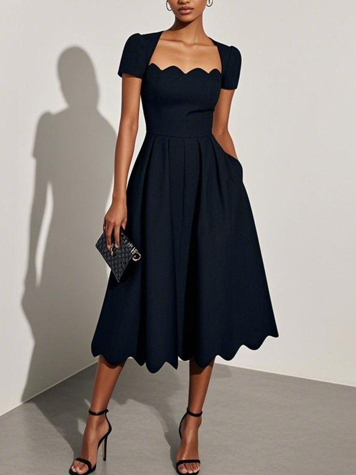 Grounded Sage Elegant Black A-Line Midi Dress