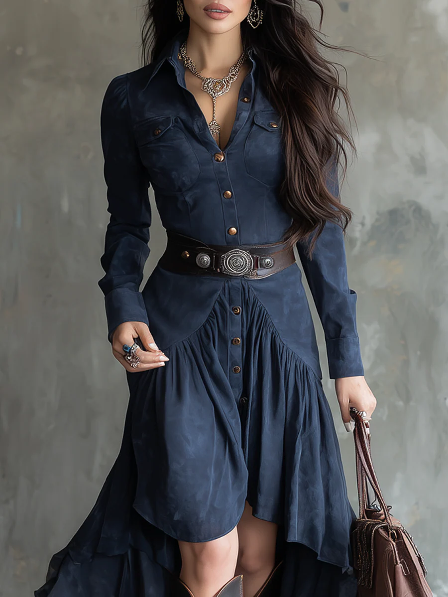 Grounded Sage Elegant Blue Button-Down Midi Dress