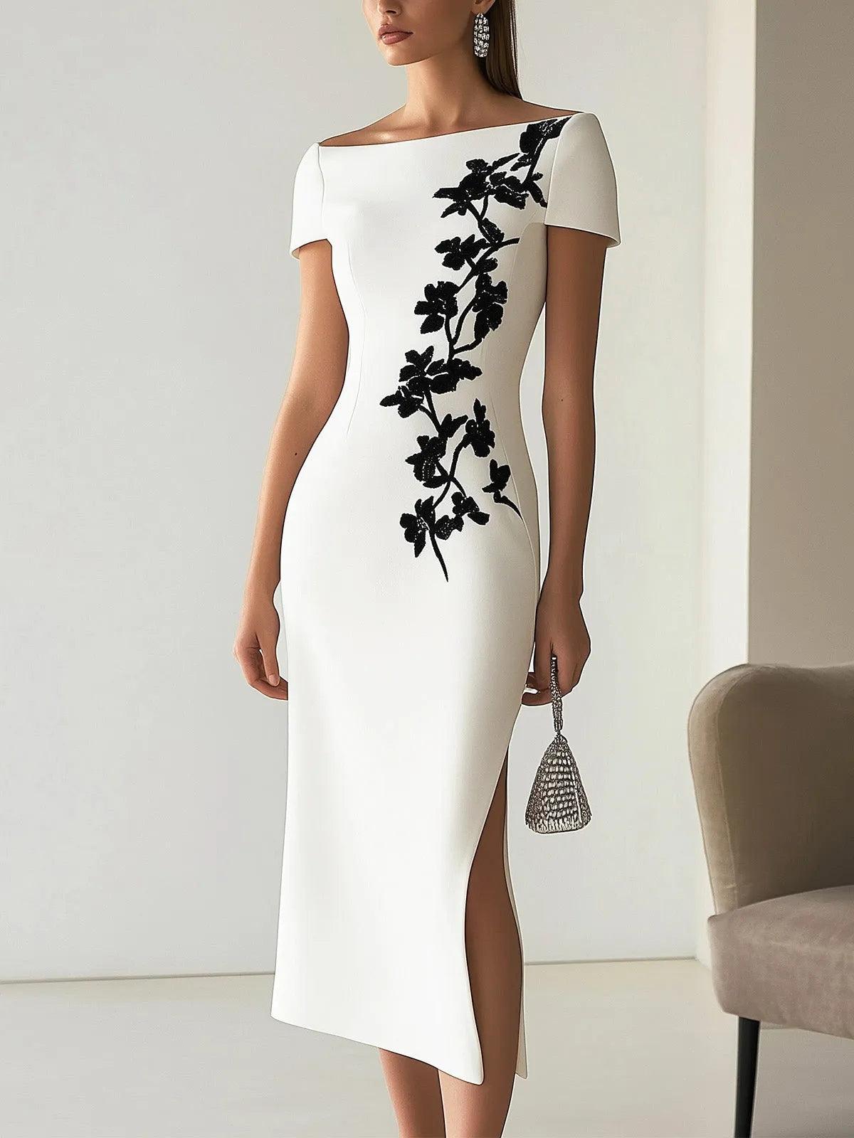 Grounded Sage Elegant Boat Neck Midi Dress - Floral Embroidery