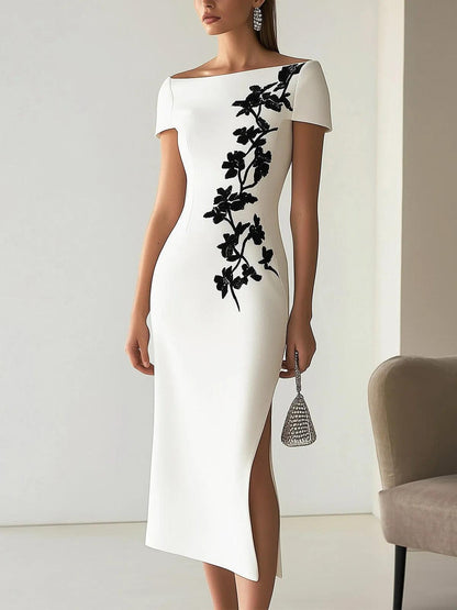 Grounded Sage Elegant Boat Neck Midi Dress - Floral Embroidery