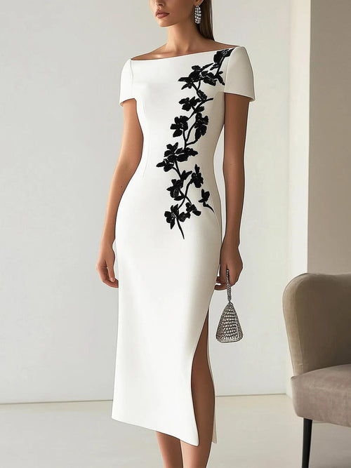 Grounded Sage Elegant Boat Neck Midi Dress - Floral Embroidery