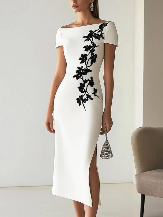 Grounded Sage Elegant Boat Neck Midi Dress - Floral Embroidery
