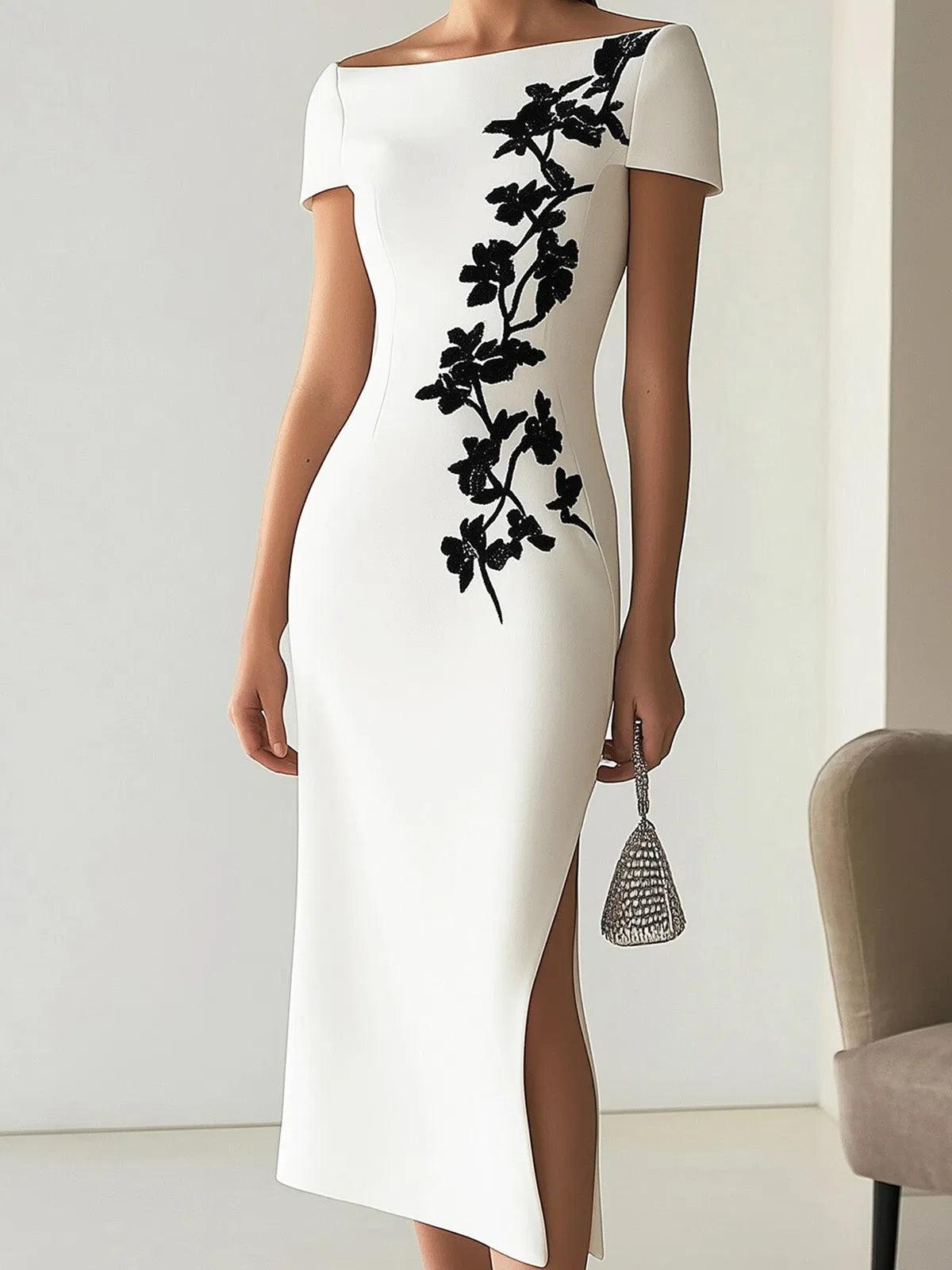 Grounded Sage Elegant Boat Neck Midi Dress - Floral Embroidery