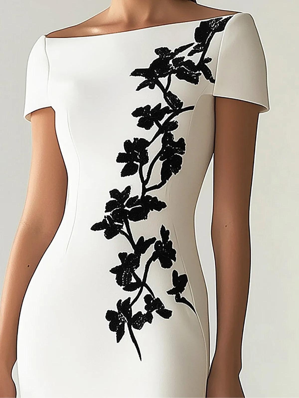 Grounded Sage Elegant Boat Neck Midi Dress - Floral Embroidery